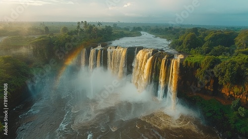 Aerial view of the Blue Nile Falls  powerful waterfalls and misty rainbows