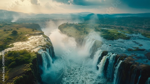 Aerial view of the Blue Nile Falls, powerful waterfalls and misty rainbows photo