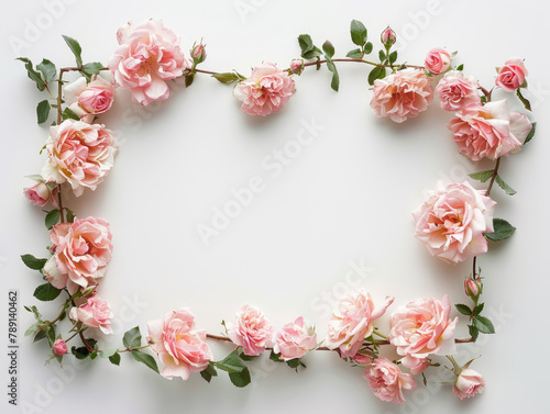 Pale pink roses and petals arranged in circular frame on white background  romantic floral design with copy space  top view. Ai generation