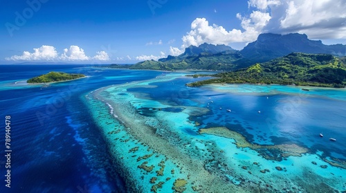 Aerial view of the Bora Bora, turquoise lagoon and barrier reef © mogamju