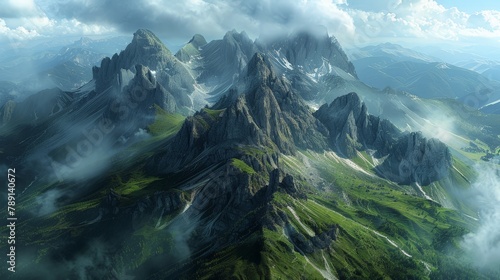 Aerial view of the Dolomites, jagged peaks and lush valleys