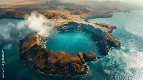 Aerial view of the Gal?pagos Islands, unique ecosystems and volcanic landscapes