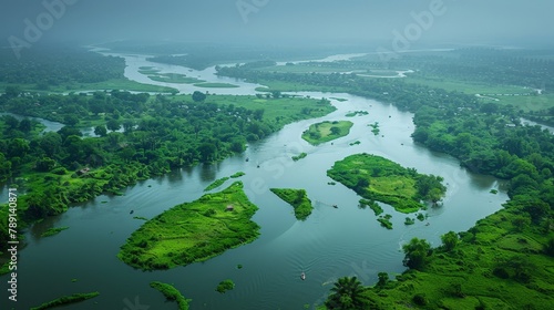 Aerial view of the Ganges River Delta, intricate waterways and lush islands photo