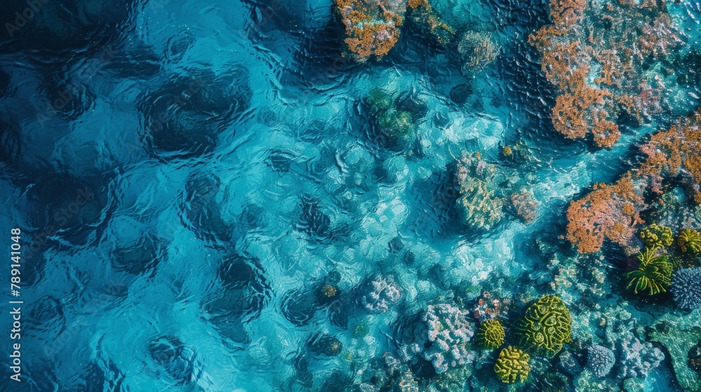 Aerial view of the Great Barrier Reef, vivid coral patterns, clear blue waters