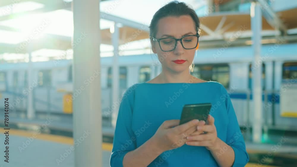 Woman stands at a transport stop and using smartphone. Slow motion Woman stands at a transport stop and using smartphone. Slow motion
