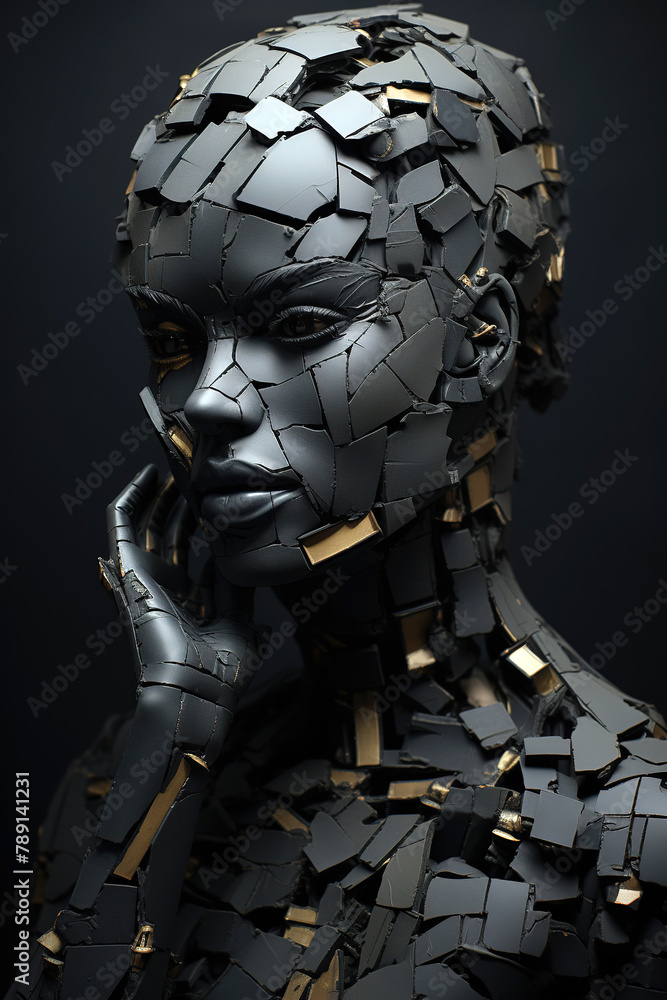 3d render of a model of a person in a black background , gold and black 3d render of a model of a person in a black background , gold and black