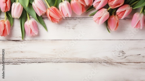 Pink tulips on white wooden background. Blooming flowes spring background banner - Peach fuzz pink tulips, on white shabby wooden table, top view #789141243