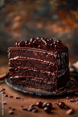 A decadent multi-layer chocolate cake with cherries on a rustic table. photo