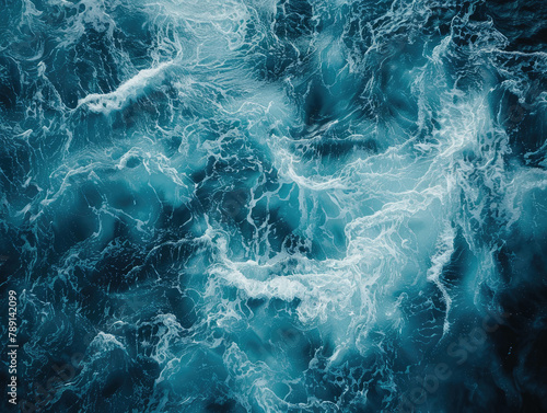 Top view of ocean waves churning with foam, creating intricate patterns of white and deep blue, dynamic water texture. Marine background. Ai generation