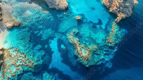 Aerial view of the Red Sea Reef, vibrant coral ecosystems and clear waters © mogamju