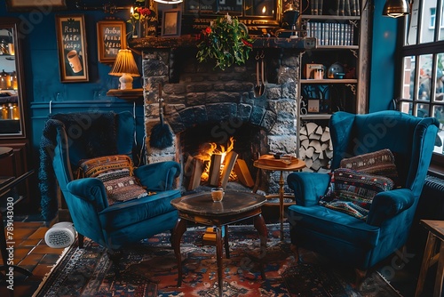 : A cozy coffee shop with a fireplace and comfy armchairs