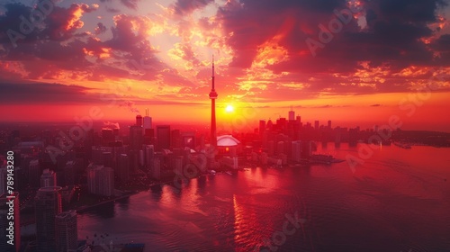 Aerial view of Toronto, CN Tower and lakeshore, vibrant sunset