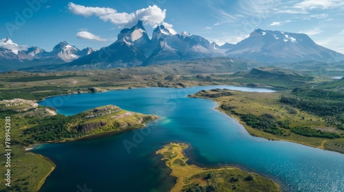 Aerial view of Torres del Paine, majestic peaks and turquoise lakes