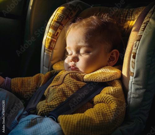 Sleeping Toddler in Car Seat with Sunlight Illuminating Face, Generative AI