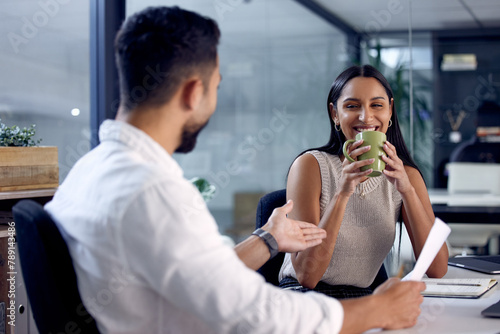 Discussion, coffee and employees in meeting for collaboration, planning and development in business for corporate career. Partnership, teamwork and lawyers in office with documents and contract