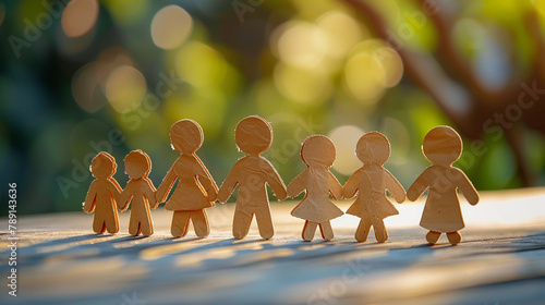 Large family as cardboard figures hand in hand with green background, Generative AI