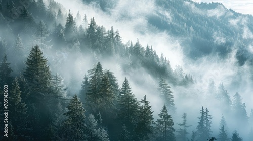 Misty pine forest on the mountain slope in a nature reserve © Khalif