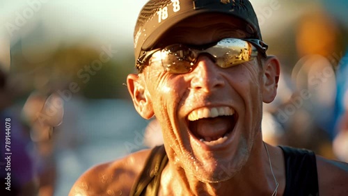 The elated and exhausted face of a triathlete as they complete the final leg of the race.