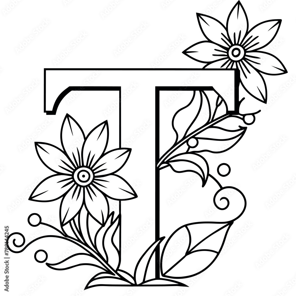 Alphabet T coloring page with the flower, T letter digital outline