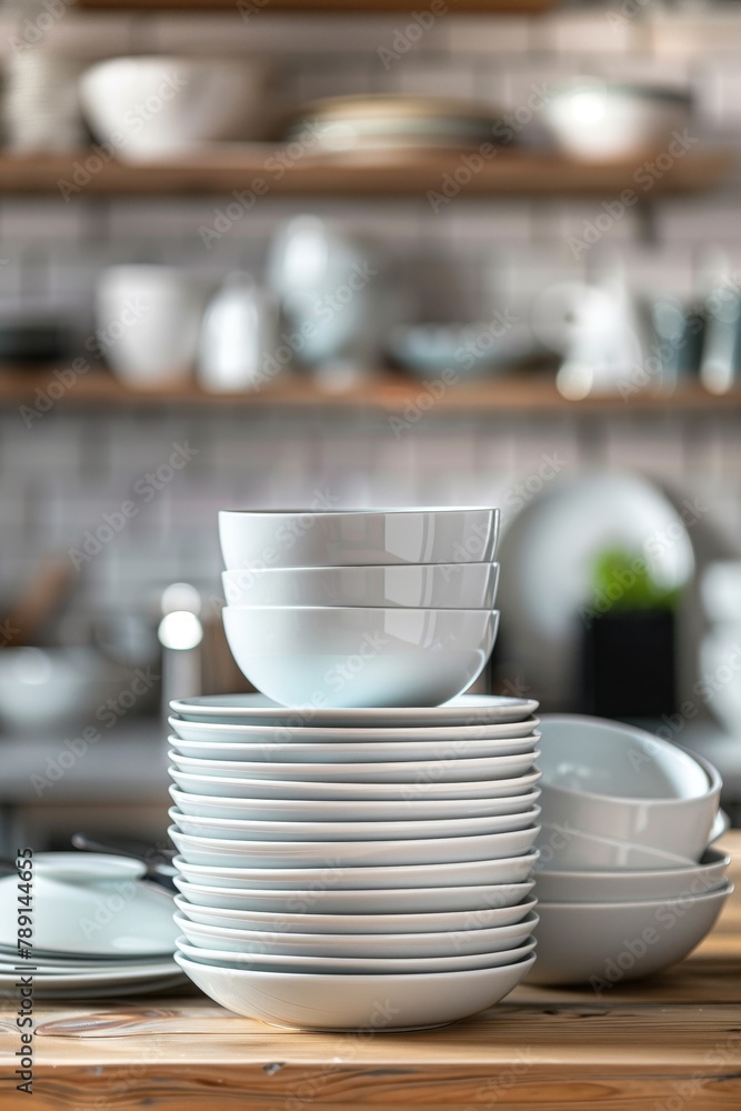 Close-up of a stack of white plates and bowls on a wooden kitchen counter. Close-up of a stack of white plates and bowls on a wooden kitchen counter.