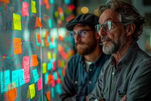 Two men are engaged in a brainstorming session using colorful sticky notes on a glass wall  planning and strategy