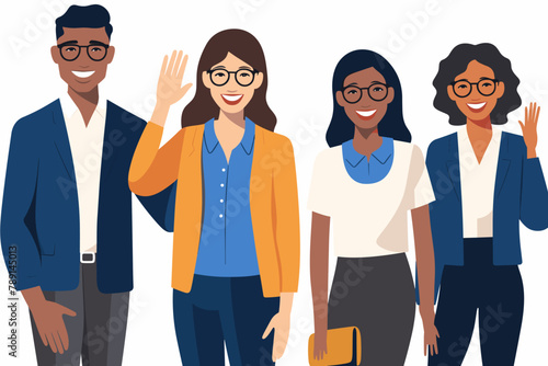 Group of happy people standing together, waving and inviting new customer, colleague. Concept of happy multiethnic team welcome newcomer. Flat vector cartoon illustration isolated on white