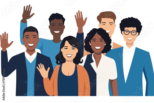 Group of happy people standing together, waving and inviting new customer, colleague. Concept of happy multiethnic team welcome newcomer. Flat vector cartoon illustration isolated on white