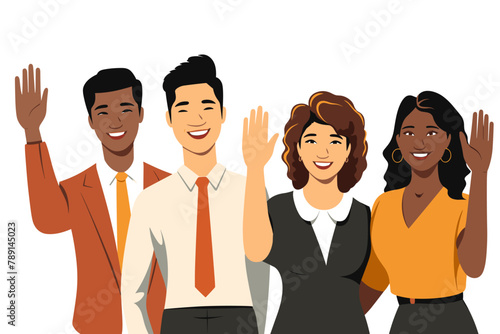 Group of happy people standing together, waving and inviting new customer, colleague. Concept of happy multiethnic team welcome newcomer. Flat vector cartoon illustration isolated on white