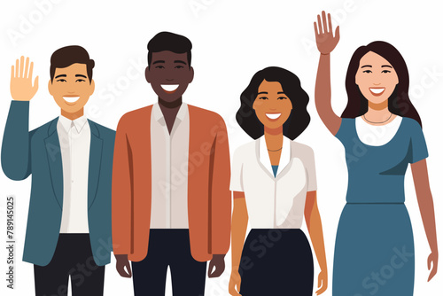 Group of happy people standing together, waving and inviting new customer, colleague. Concept of happy multiethnic team welcome newcomer. Flat vector cartoon illustration isolated on white