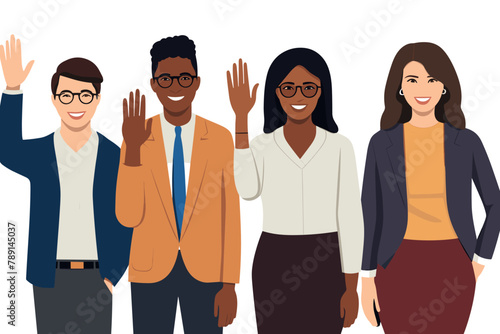 Group of happy people standing together, waving and inviting new customer, colleague. Concept of happy multiethnic team welcome newcomer. Flat vector cartoon illustration isolated on white