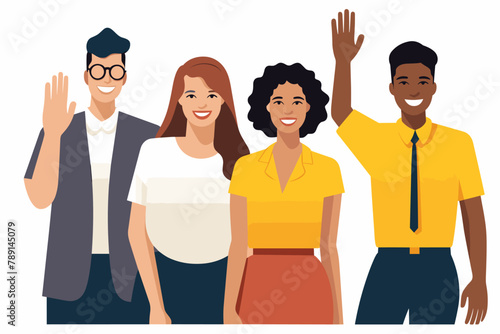 Group of happy people standing together, waving and inviting new customer, colleague. Concept of happy multiethnic team welcome newcomer. Flat vector cartoon illustration isolated on white