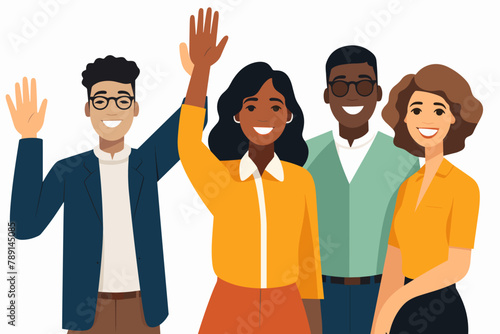Group of happy people standing together, waving and inviting new customer, colleague. Concept of happy multiethnic team welcome newcomer. Flat vector cartoon illustration isolated on white