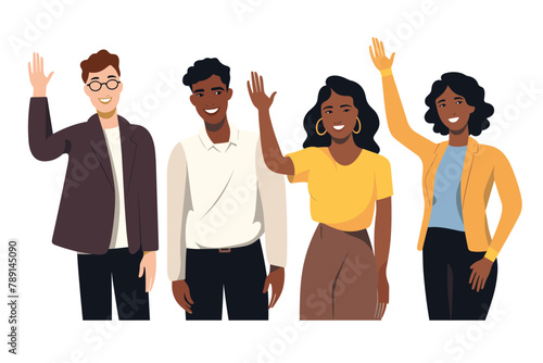 Group of happy people standing together, waving and inviting new customer, colleague. Concept of happy multiethnic team welcome newcomer. Flat vector cartoon illustration isolated on white