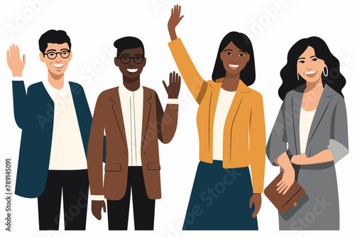 Group of happy people standing together, waving and inviting new customer, colleague. Concept of happy multiethnic team welcome newcomer. Flat vector cartoon illustration isolated on white