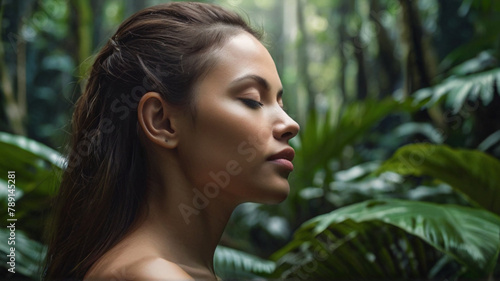 Portrait of beautiful natural beautiful women in tropical rainforest. Concept of wellbeing  mindfulness and connection with nature. 