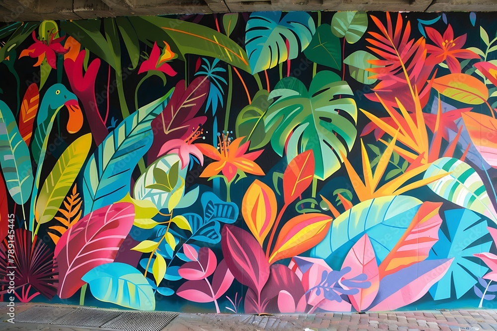 : A colorful graffiti mural of a jungle scene,