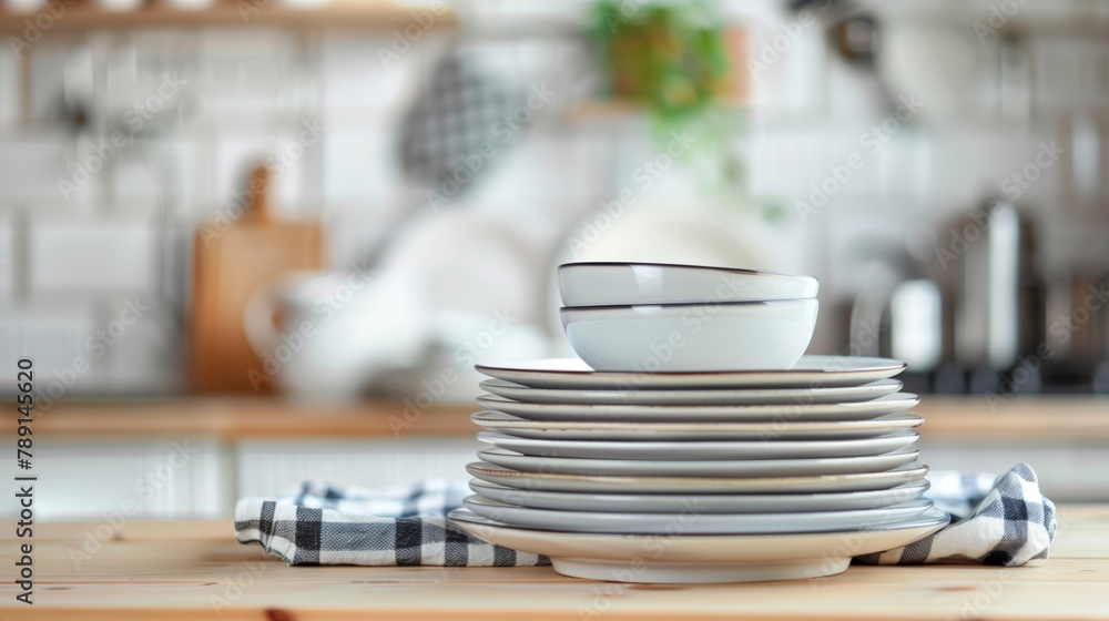 A stack of clean white dishes and bowls on a wooden kitchen table A stack of clean white dishes and bowls on a wooden kitchen table