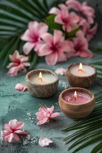 Zen Spa Atmosphere with Aromatic Candle  Stones  and Orchids on Textured Background