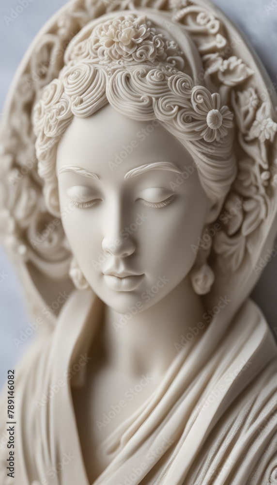 Sculptural portrait of a woman with carved patterns on soap hair Sculptural portrait of a woman with carved patterns on soap hair