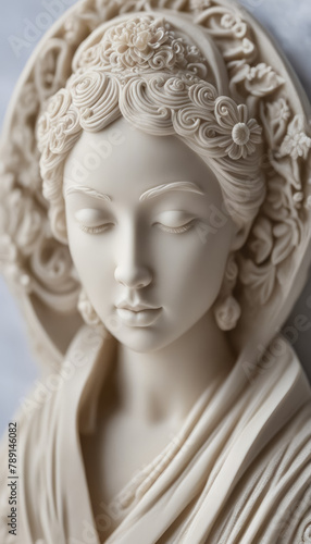 Sculptural portrait of a woman with carved patterns on soap hair
