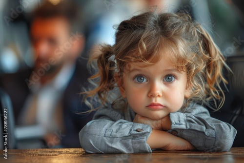 A close-up of a young girl resting her chin on her hands with a thoughtful expression, curly hair, large eyes