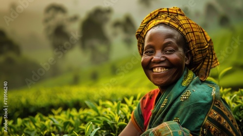 Radiant African Woman Smiling in Lush Green Tea Field photo