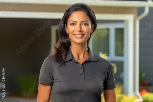 Portrait of a content indian woman in her 40s wearing a sporty polo shirt in front of stylized simple home office background