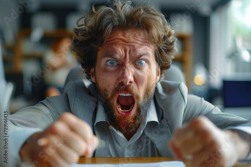 Aggressive posture of a man with wild hair, angry expression, fists clenched, sitting at a desk, indicates intense frustration photo