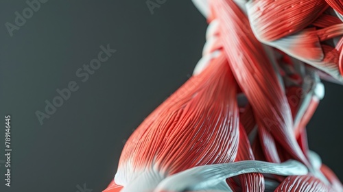 Close-up on a strained neck muscle, highlighted against a plain dark grey background, ultra-realistic. photo
