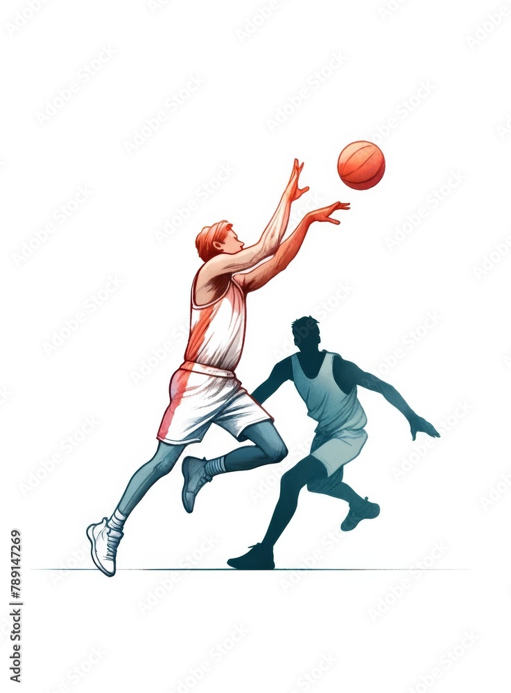 A watercolor-style illustration depicting two basketball players in a dynamic game moment, one aiming for a shot.