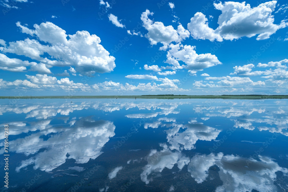 Fototapeta premium Blue sky with clouds and reflection for background