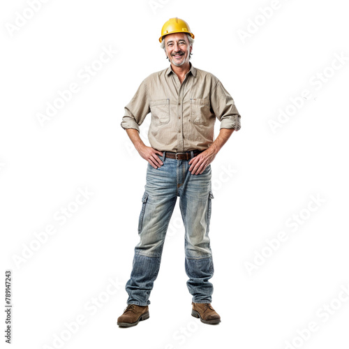 Worker, full length smiling man in work clothes, isolated on transparent background. PNG.