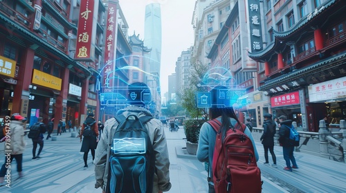 Digital Urban Exploration: Two friends navigating with augmented reality through bustling streets of Shanghai, discovering historical facts and directions displayed virtually. photo