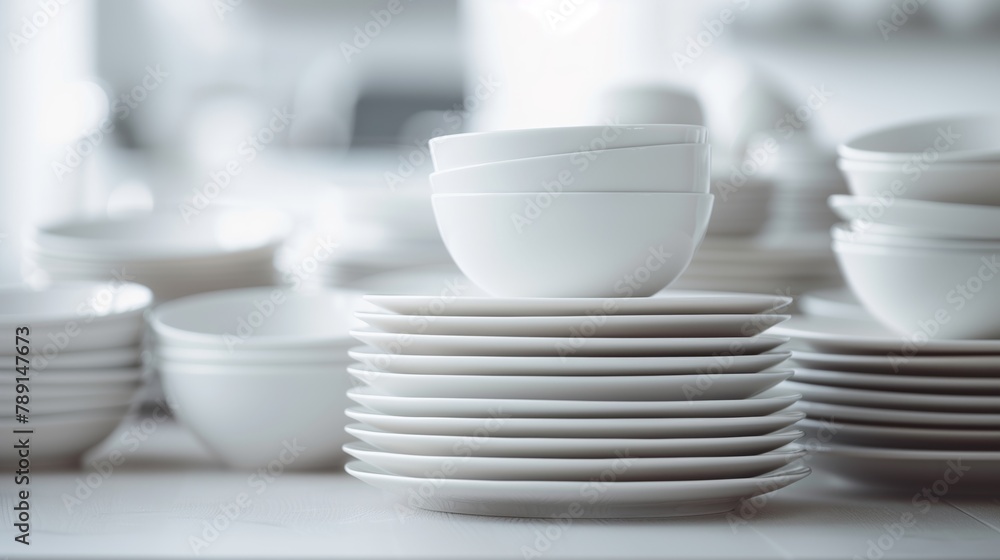 A collection of white ceramic dishes and bowls neatly stacked on a table. A collection of white ceramic dishes and bowls neatly stacked on a table.